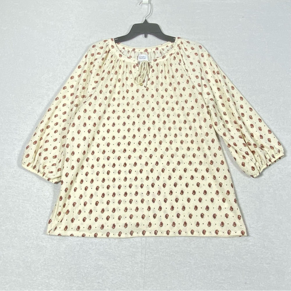 Croft & Barrow Peasant Paisley Blouse Women's XL Cream Red 3/4 Sleeve V Neck Tie